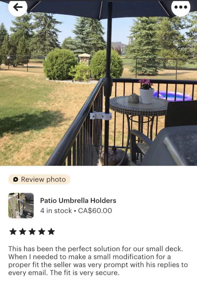 Balcony Patio Umbrella Bracket + stainless steel hardware. Removable/no damage