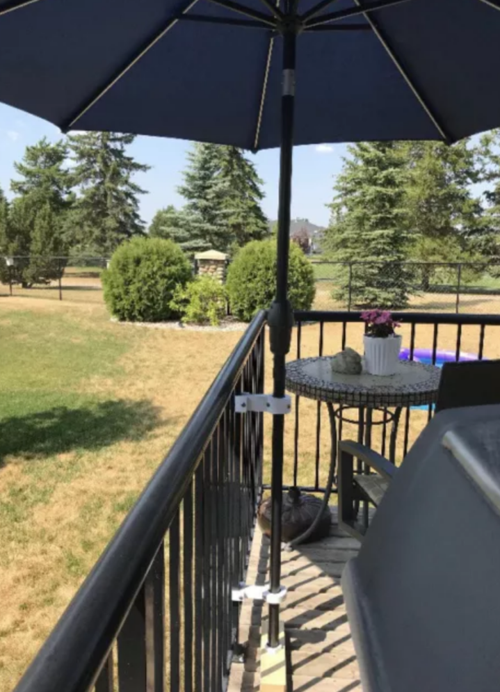 Patio Umbrella Bracket + stainless steel hardware. Removable / No damage to rail