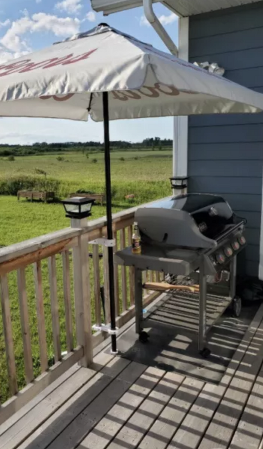 Patio Umbrella Bracket + stainless steel hardware. Removable / No damage to rail