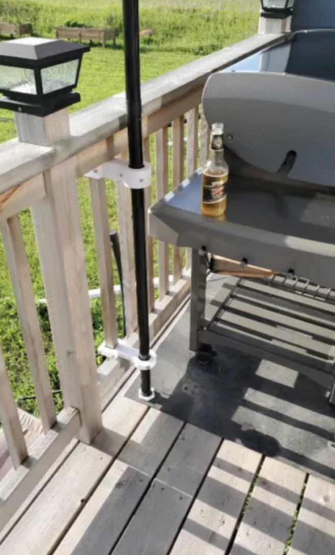 Patio Umbrella Bracket + stainless steel hardware. Removable / No damage to rail