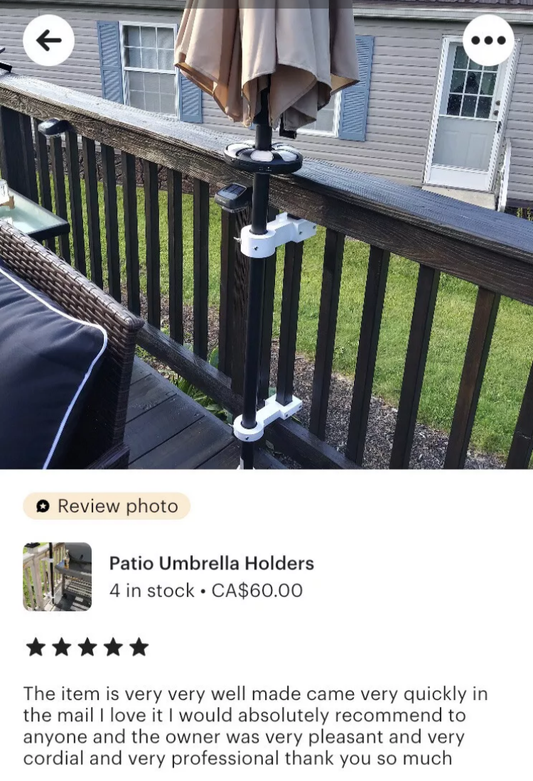 Balcony Patio Umbrella Bracket + stainless steel hardware. Removable/no damage